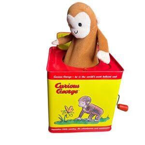 Curious George Monkey Jack in the Box Metal w/Music Tin Pop Goes The Weasel 5.5”
